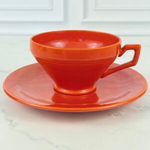 Vernon Kilns Radioactive Red Pottery Teacup and Saucer Uranium Salt Glaze